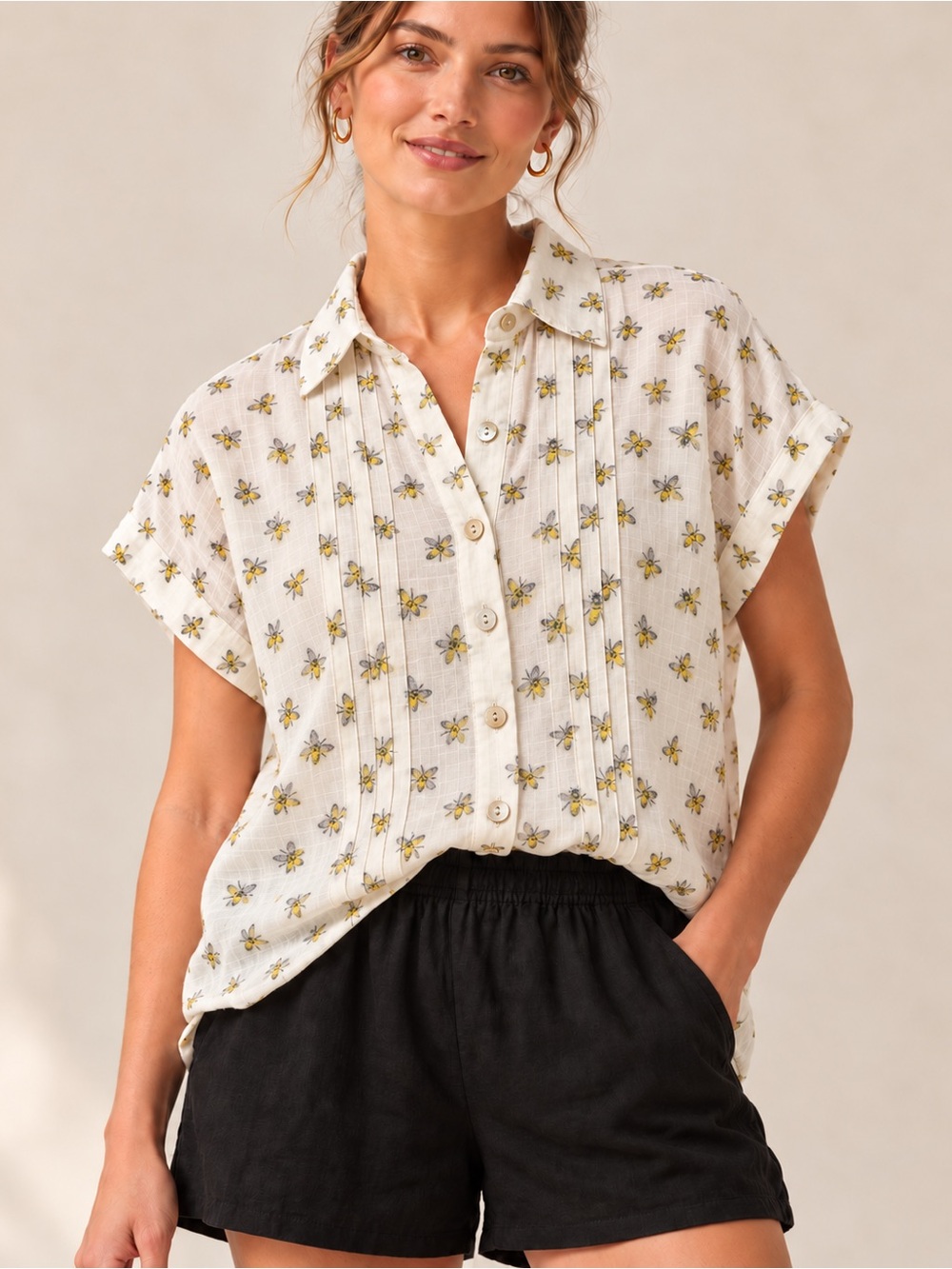 Jane and Delancey Bee Print Cotton Pintuck Button Down Blouse White Large